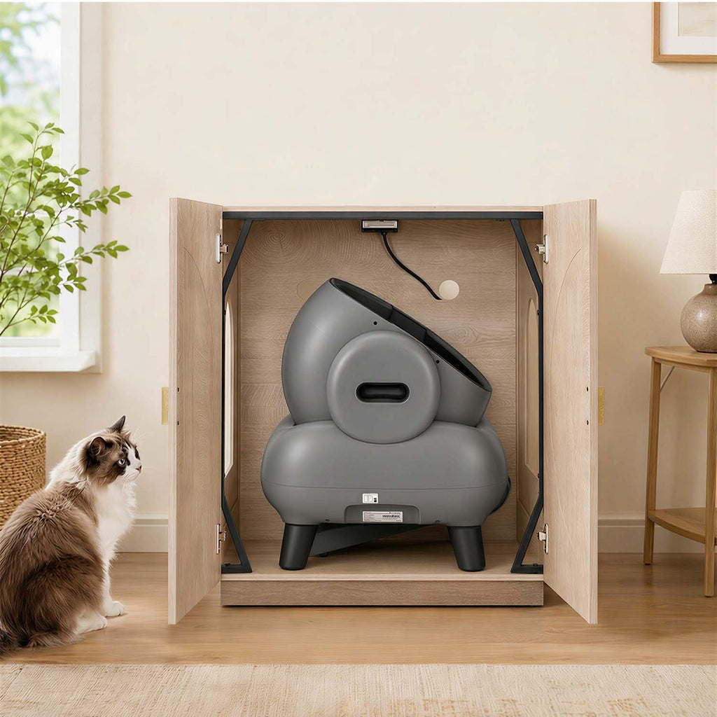 unipaws Extra Large Cat Litter Box Enclosure for Self-Cleaning & Automatic Litter Boxes, Tall Cabinet with Charging Station, Wooden Dog Proof Hidden Cat House for Top Entry Litter Box