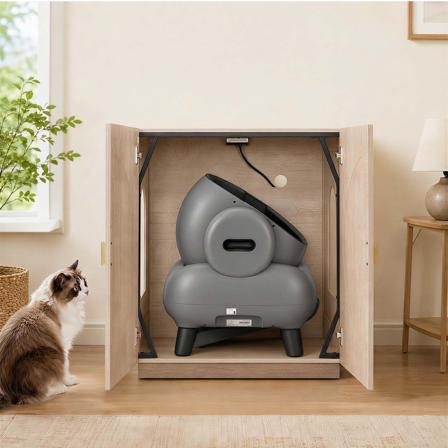 unipaws Extra Large Cat Litter Box Enclosure for Self-Cleaning & Automatic Litter Boxes, Tall Cabinet with Charging Station, Wooden Dog Proof Hidden Cat House for Top Entry Litter Box
