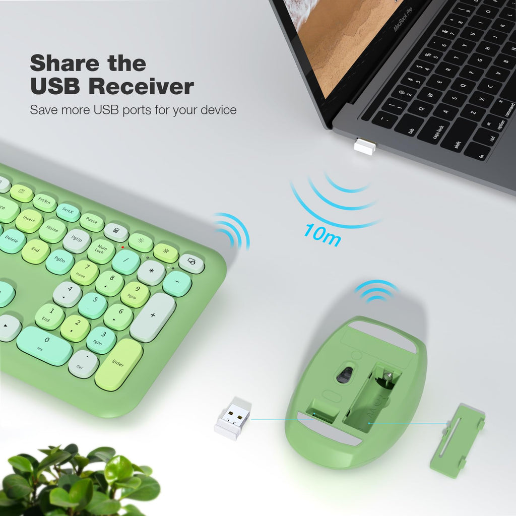 MOFII Wireless Keyboard and Mouse Combo, Compact Typewriter Retro Round Computer Keyboard and Mouse Set, Plug and Play, for Windows, Computer, Desktop, PC, Notebook - Black Green Gradient