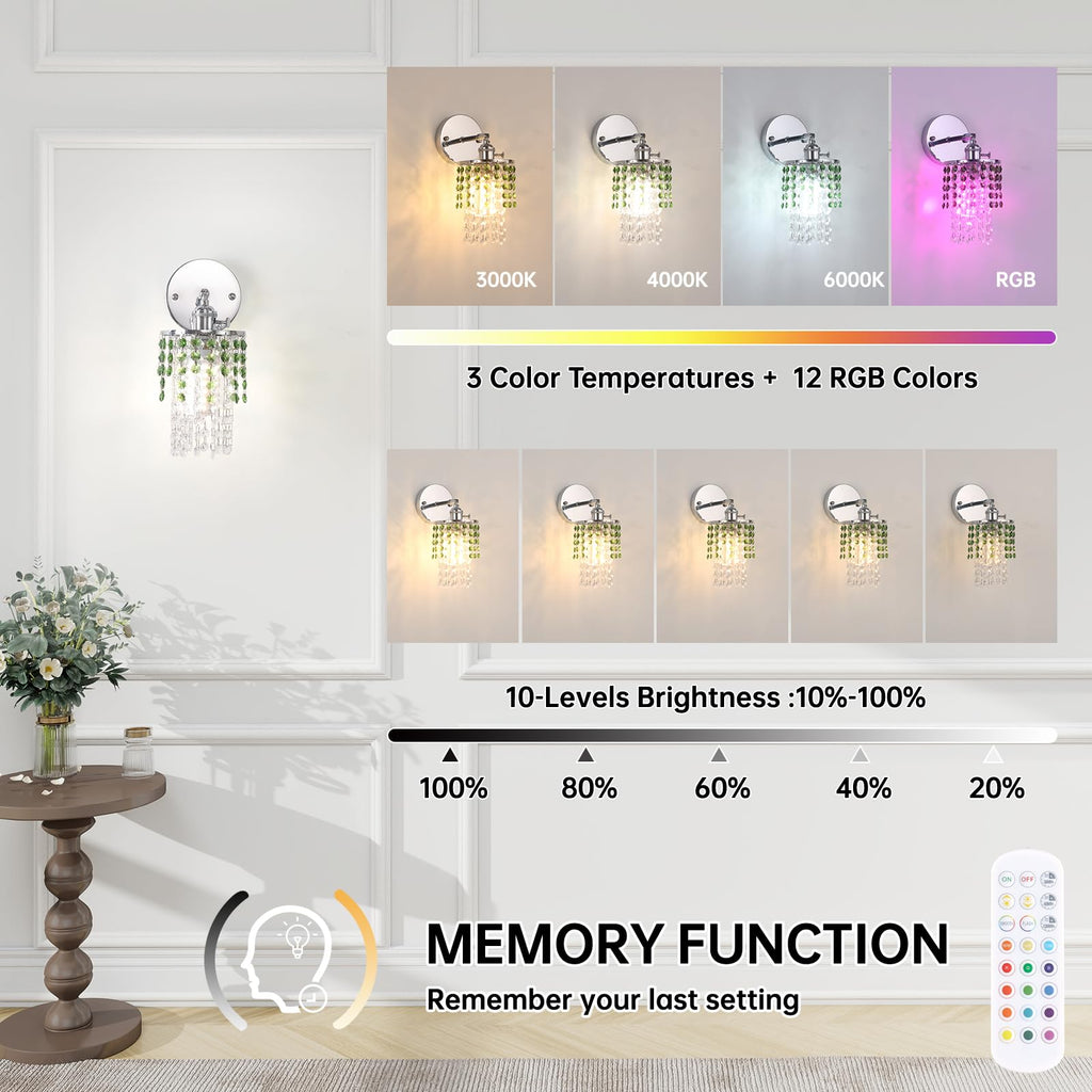 Shenmoyl Set of 2 Crystal Battery Operated Wall Sconce, Rechargeable Battery Powered Wall Lamp with Remote Control, Modern Dimmable Wall Lights for Bedroom Bathroom(Green, Gold Base)