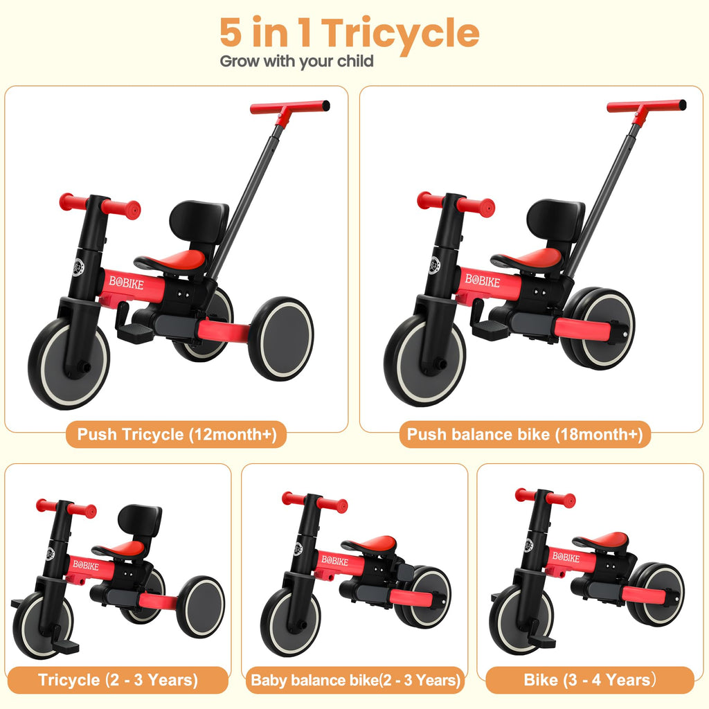 Toddler Bike with Push Handle,Tricycles for 1 to 3 Years Old, Toddler Tricycle with Push Handle for Boy Girl, Baby Balance Bike with Adjustable Seat Height and Removable Pedal (Black)