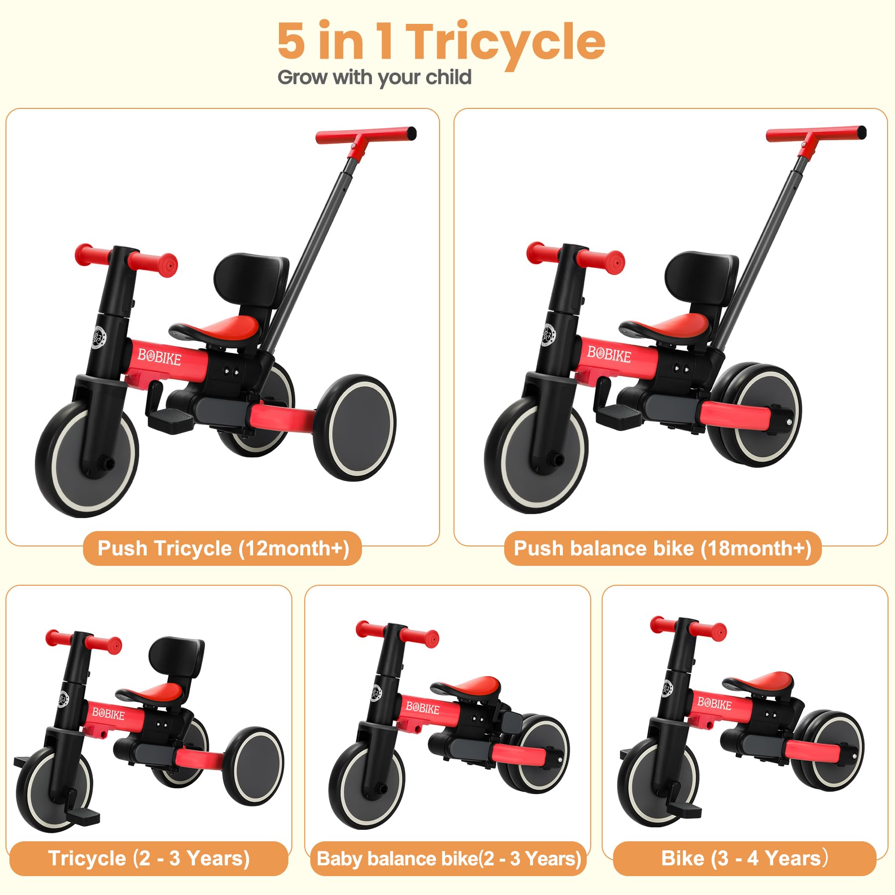 Toddler Bike with Push Handle,Tricycles for 1 to 3 Years Old, Toddler Tricycle with Push Handle for Boy Girl, Baby Balance Bike with Adjustable Seat Height and Removable Pedal (Black)