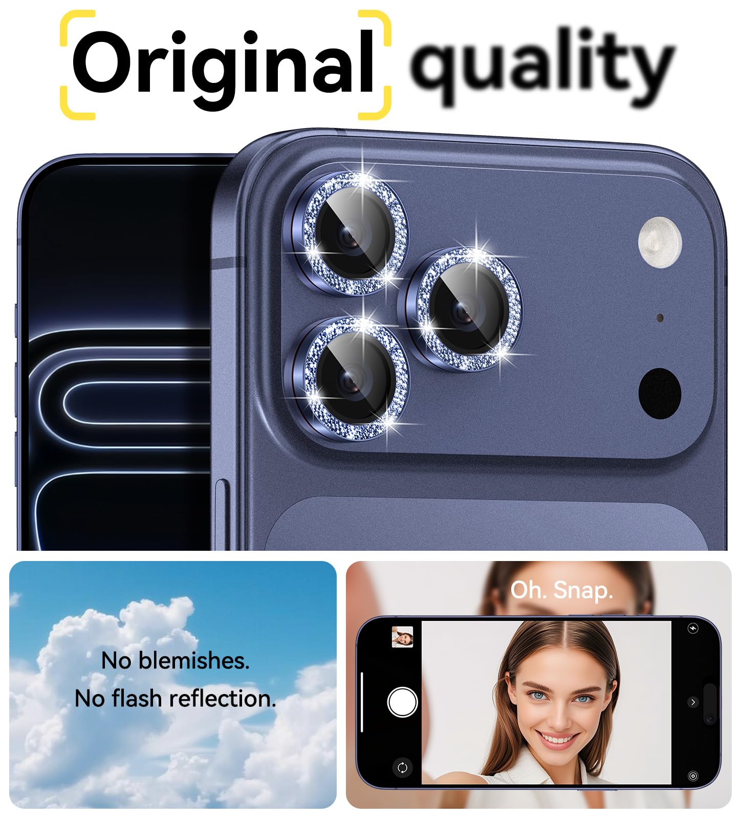 Matekxy Glitter Camera-Lens Protector for iPhone-16 Pro-Max - 16 Pro Anti-Scratch Tempered Glass with Aluminum Edging, Cute Girly Metal Individual Bling Ring Cover for Women, Black Titanium