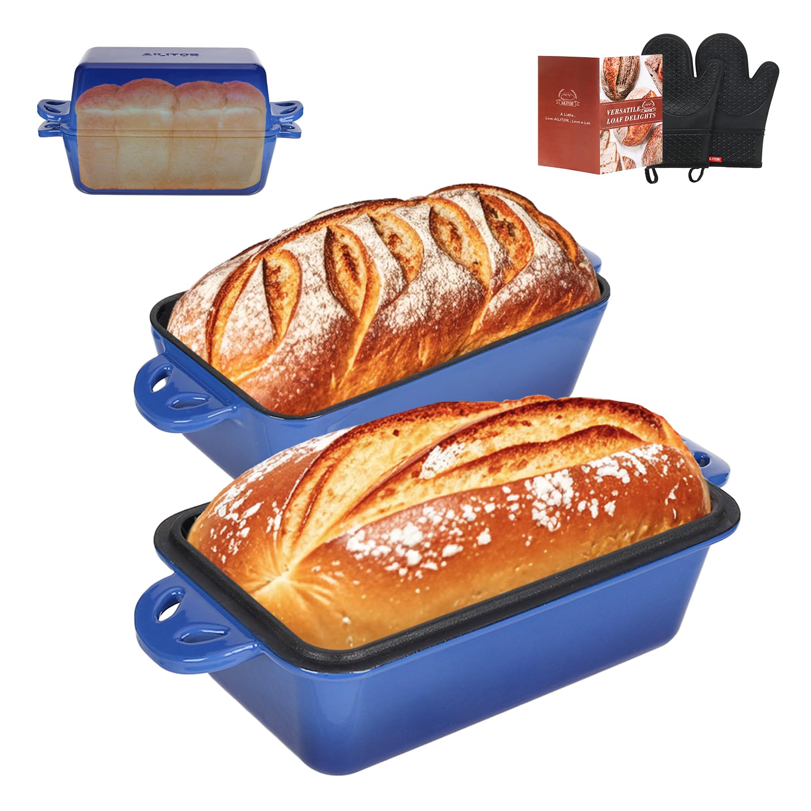 AILITOR 9x5 Enameled Cast Iron Loaf Pan with Lid - 2 in 1 Sourdough Bread Pan for Homemade Baking