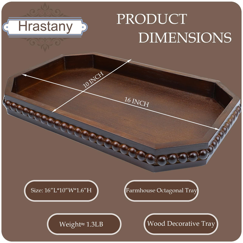 Hrastany Wood Rustic Serving Tray with Beads, Farmhouse Black Decorative Tray for Table Centerpiece, Christmas Wedding Halloween Home Decor