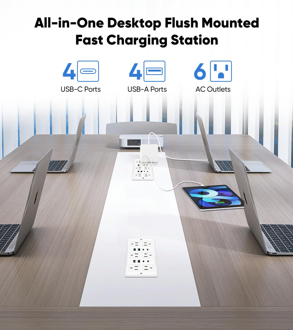 45W Recessed Power Strip, Flush Mounted Surge Protector(1200J) with 6 AC Outlets & 8 USB Ports(4 USB-C), 45°Flat Plug, 6FT Flat Power Cord(Black)