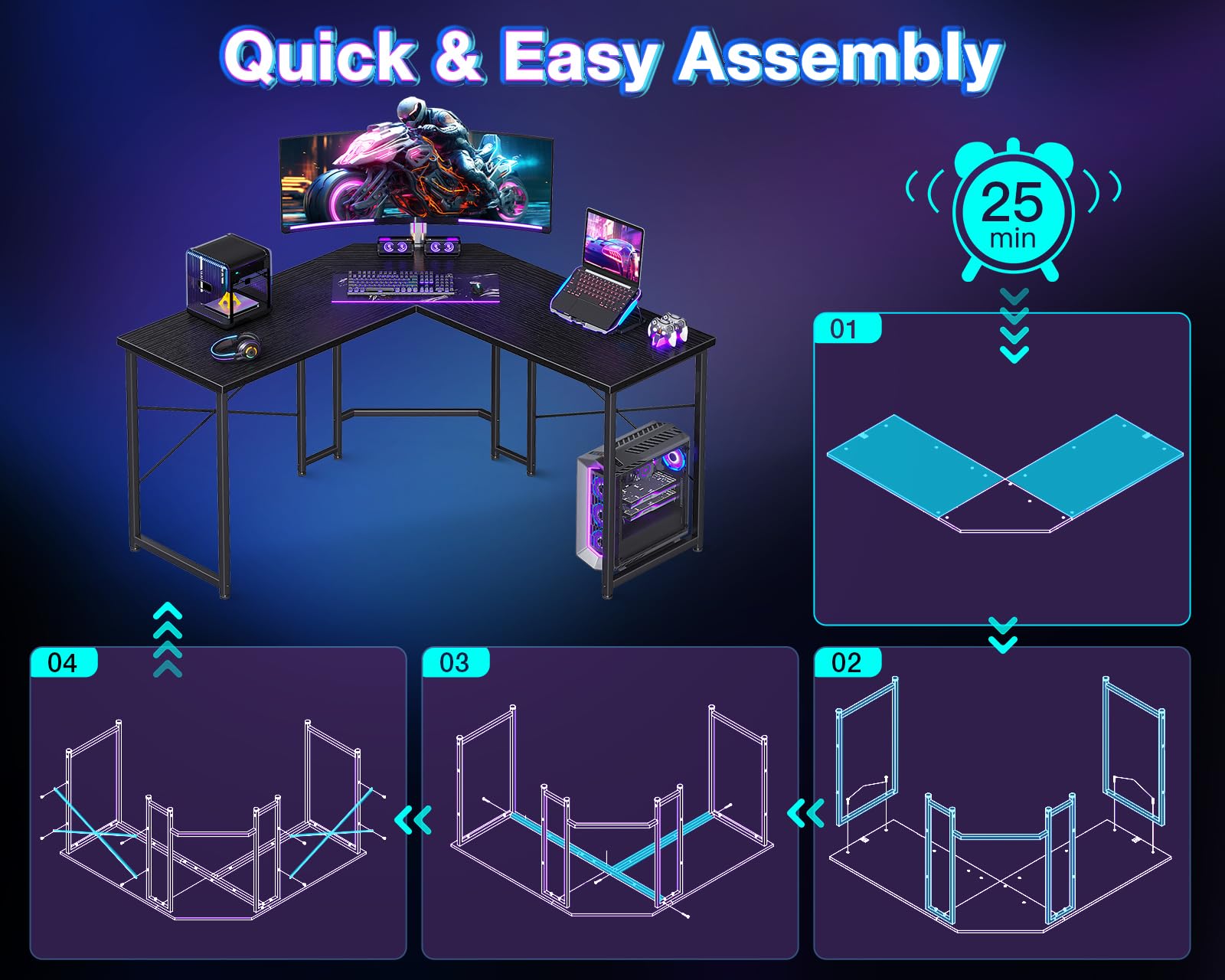 Casaottima 47 inch L Shaped Gaming Desk, Corner Desk Gaming Table for Home Office, Computer Desk Sturdy Writing Workstation for Small Space, Easy to Assemble, Black