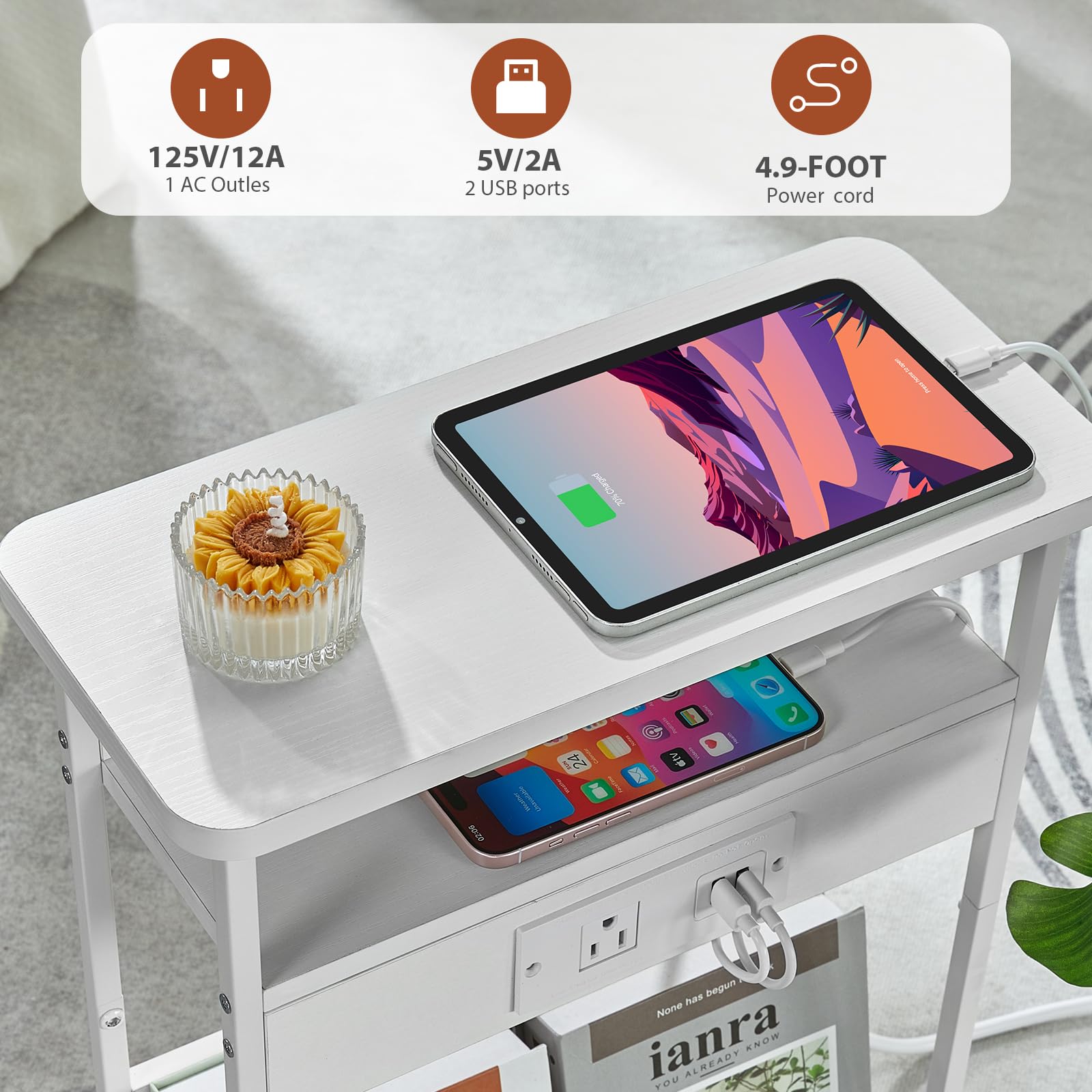 YEAKOO Narrow Side Table with Charging Station, 3-Tier End Table with 2 USB Ports & Power Outlets,Thin Sofa Side Table for Narrow and Small Spaces, Bedside Table Nightstand for Living Room,Black