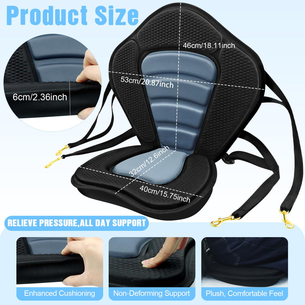 Kayak Seat Deluxe Padded Fishing Boat Seat Deluxe Sit-On-Top Canoe Seat Cushioned - Comfortable Backrest Support Universal Sit with Adjustable Back Strap Detachable Storage Bag