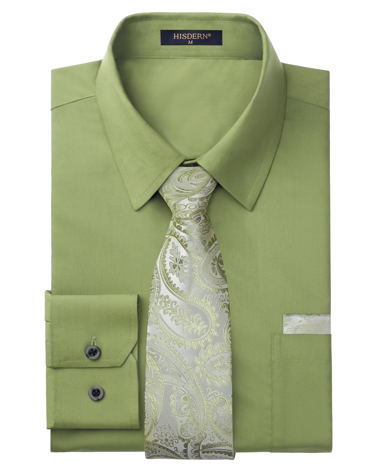 HISDERN 503 Mens Dress Shirt Slim Fit Long Sleeve Button Down Wrinkle Free Set with Tie Pocket Square Formal Business Wedding