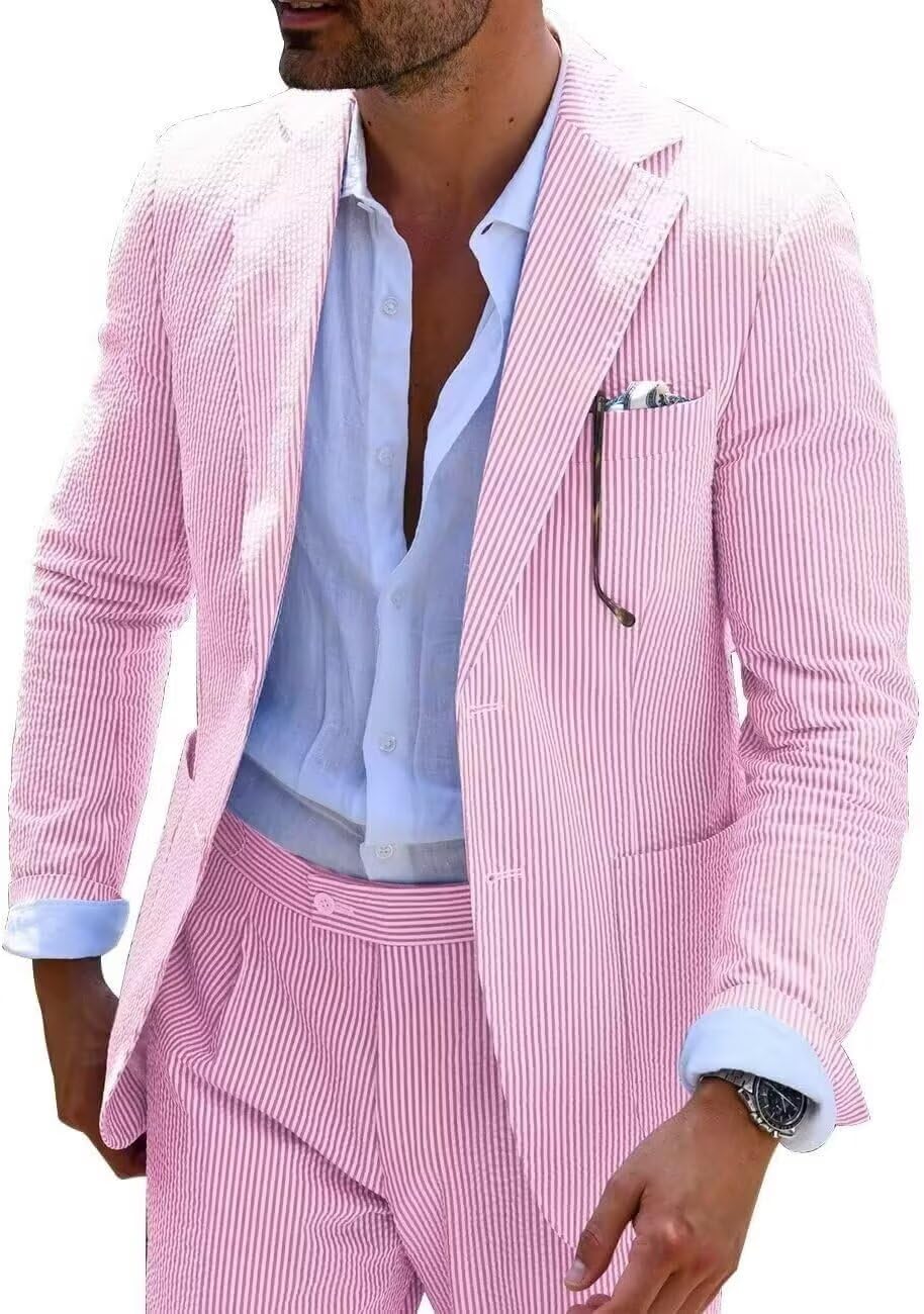 Wehilion Men's Seersucker Summer Suit Groom Wedding Seersucker Outfit Slim Fit Formal Suit Set for Men