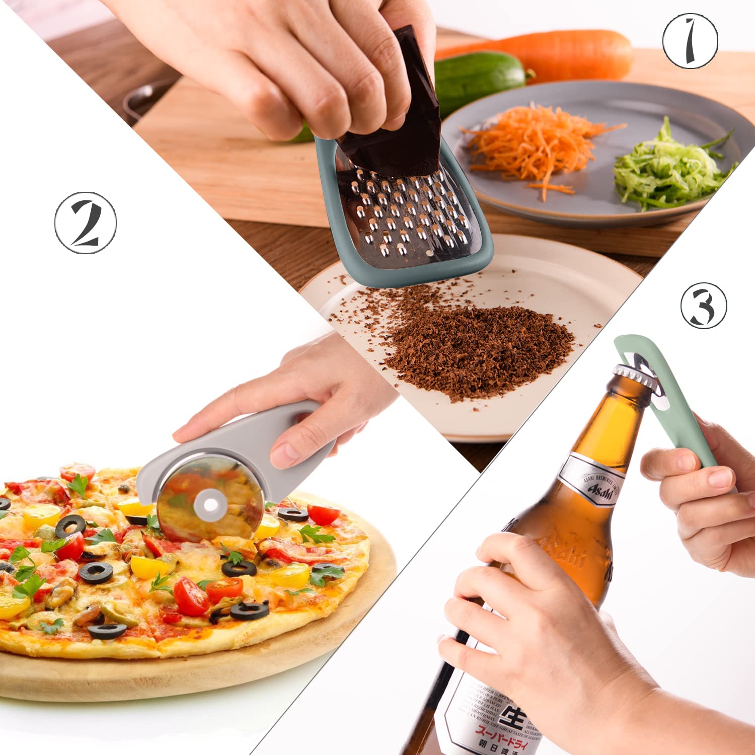 5 Pieces Kitchen Gadgets Set - Space Saving Cooking Tools Accessories Cheese Chocolate Grater, Fruit Vegetable Peeler, Bottle Opener, Pizza Cutter, Burlap Bags with Drawstring Gift Set