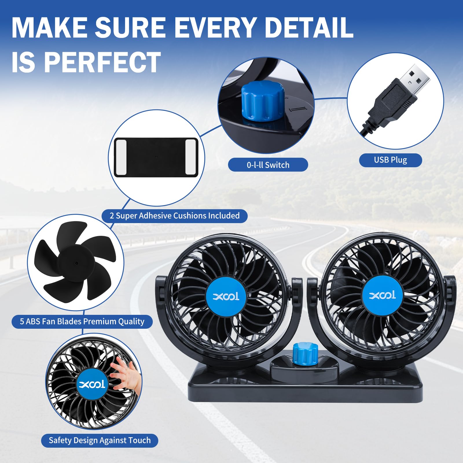 XOOL Clip Car Fan, 9 Inches 12V/24V Fan, 360° Rotatable Electric Cooling Clip on Fan with Stepless Speed Regulation for SUV, RV, Truck