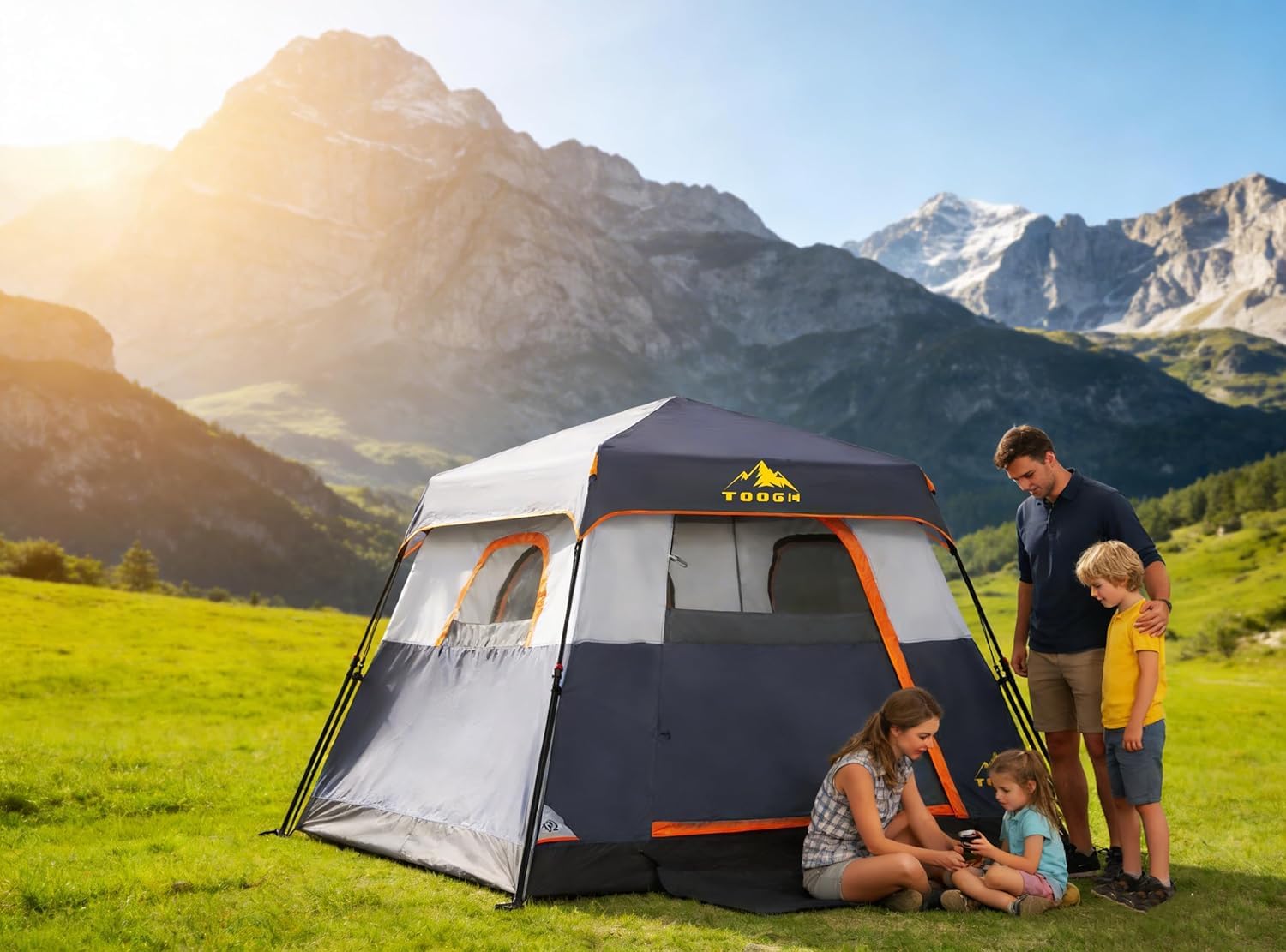 3/4 Person Camping Tent with 1 Door, 4 Windows, and Upgraded Ventilation– Instant Setup, Waterproof, 8'x 8'x 67''Oxford Fabric Floor Pop Up in 60 Seconds Includes Rainfly and Backpack
