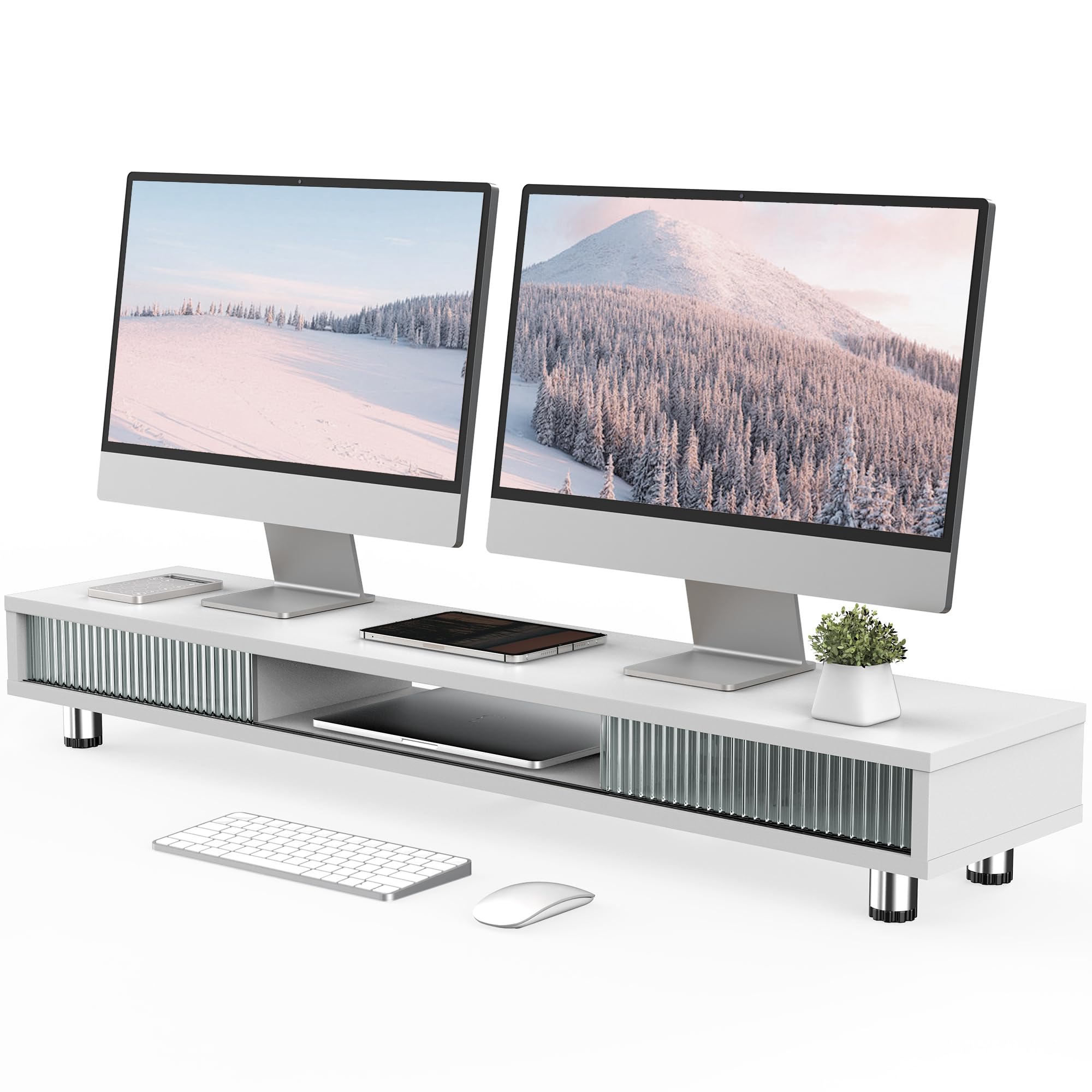 Fenge Dual Monitor Stand, 42.5inch Long Monitor Stands Riser for 2 Monitors, Glass Sliding Door with Storage Organizer Stand for Desk, 2 Tier Desk Shelf for Laptop, Pc, Printer, Computer, TV