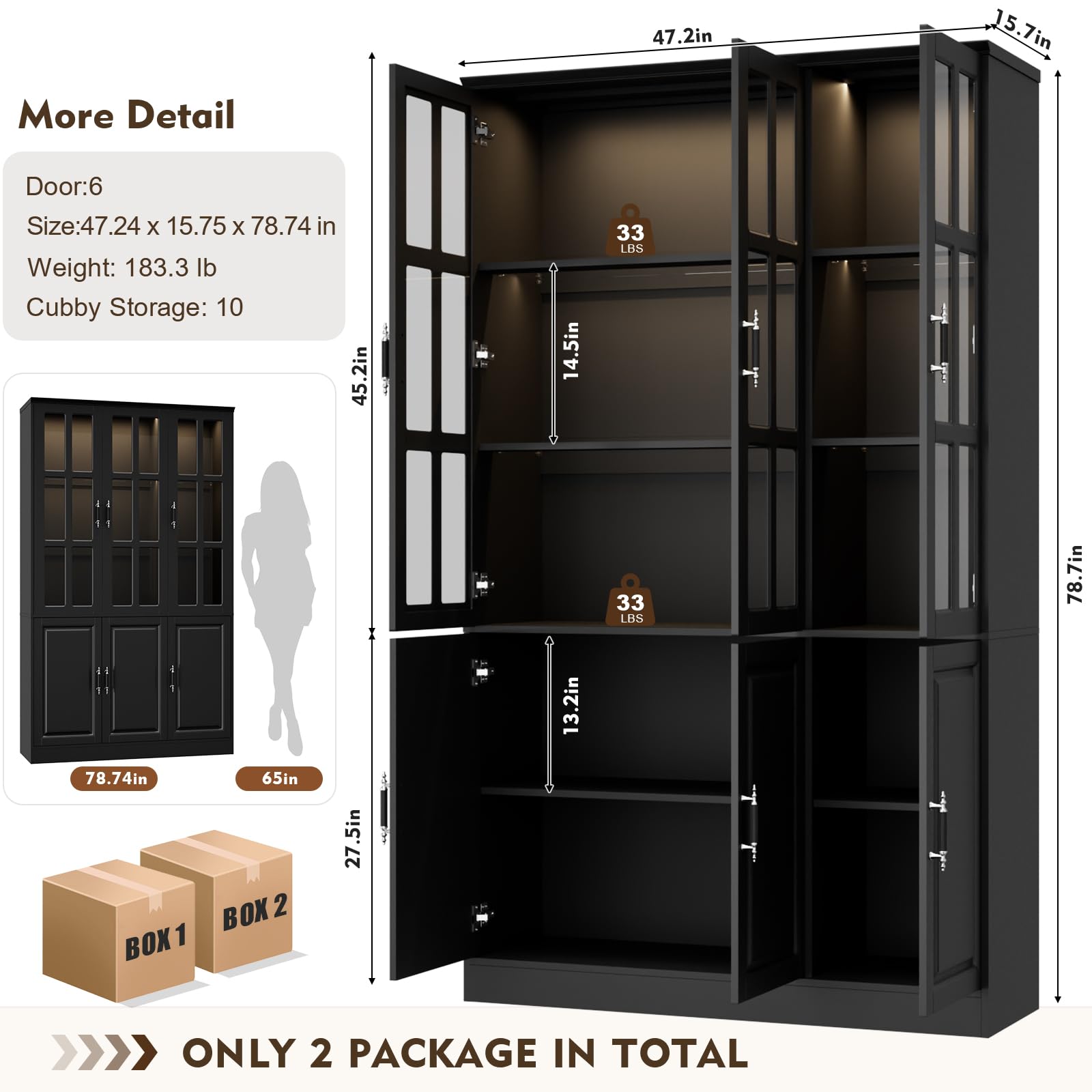 MEISSALIVVE Kitchen Pantry Storage Cabinet with LED Lights, 78.7" Tall with Glass Doors & Drawers, Freestanding Utility Cabinet, Black (31.5" W x 15.7" D)