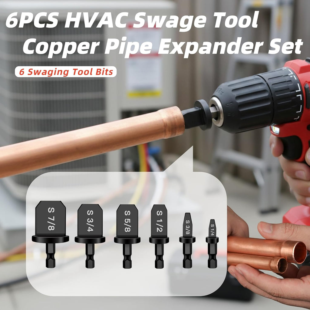 Aoebwpwi 12PCS Swage Tool HVAC Repairing Set with Bit Holder, Air Conditioner Copper Tube Expander Swaging Tool Drill Bit Copper Pipe Swage, 1/4'', 3/8'',1/2'',5/8'',3/4'',7/8'' Bits Set (12PCS)