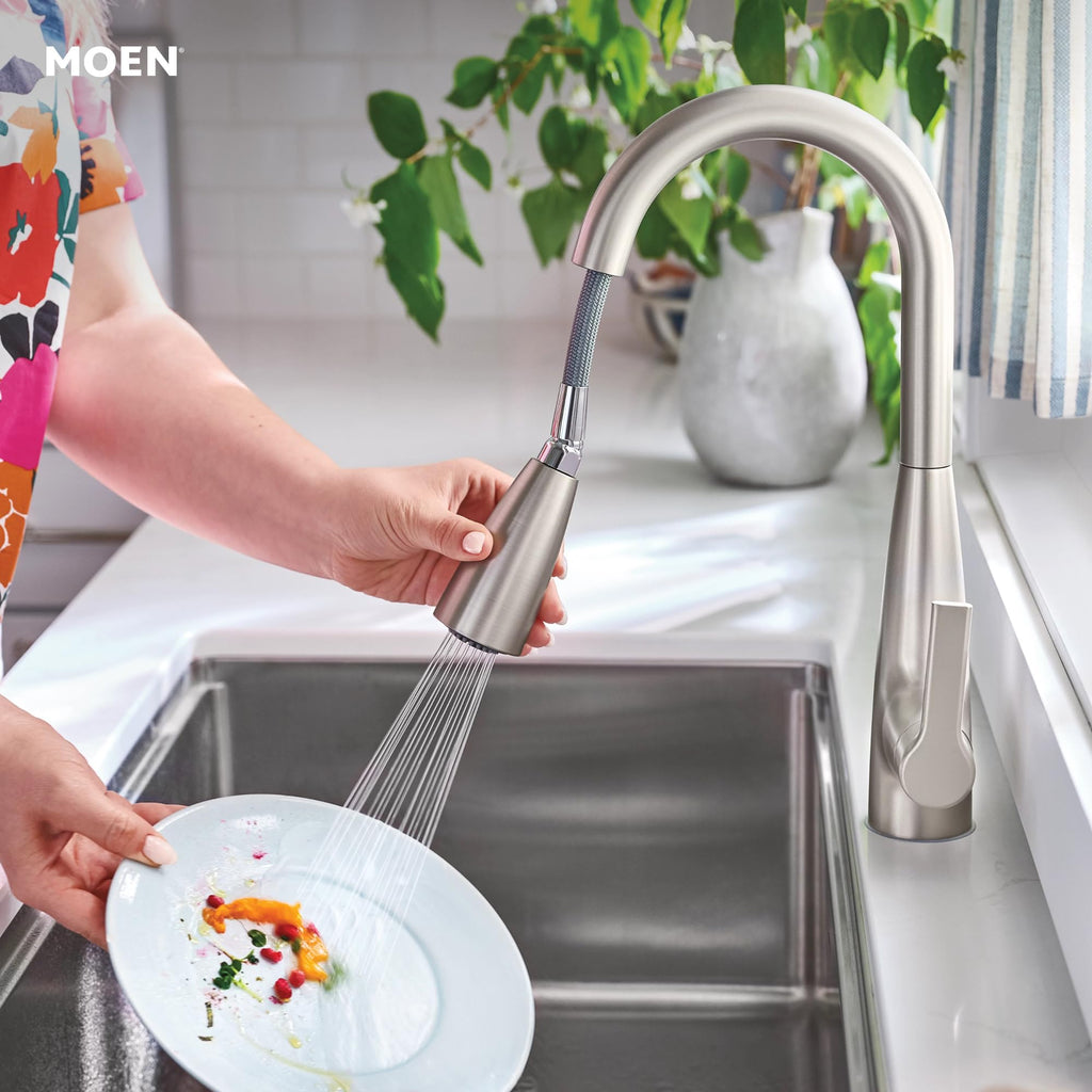Moen Haelyn Pulldown Kitchen Faucet with Power Boost, 87627 | Pulldown sprayer, Power Boost technology, Soap dispenser included, Chrome finish, High arc faucet