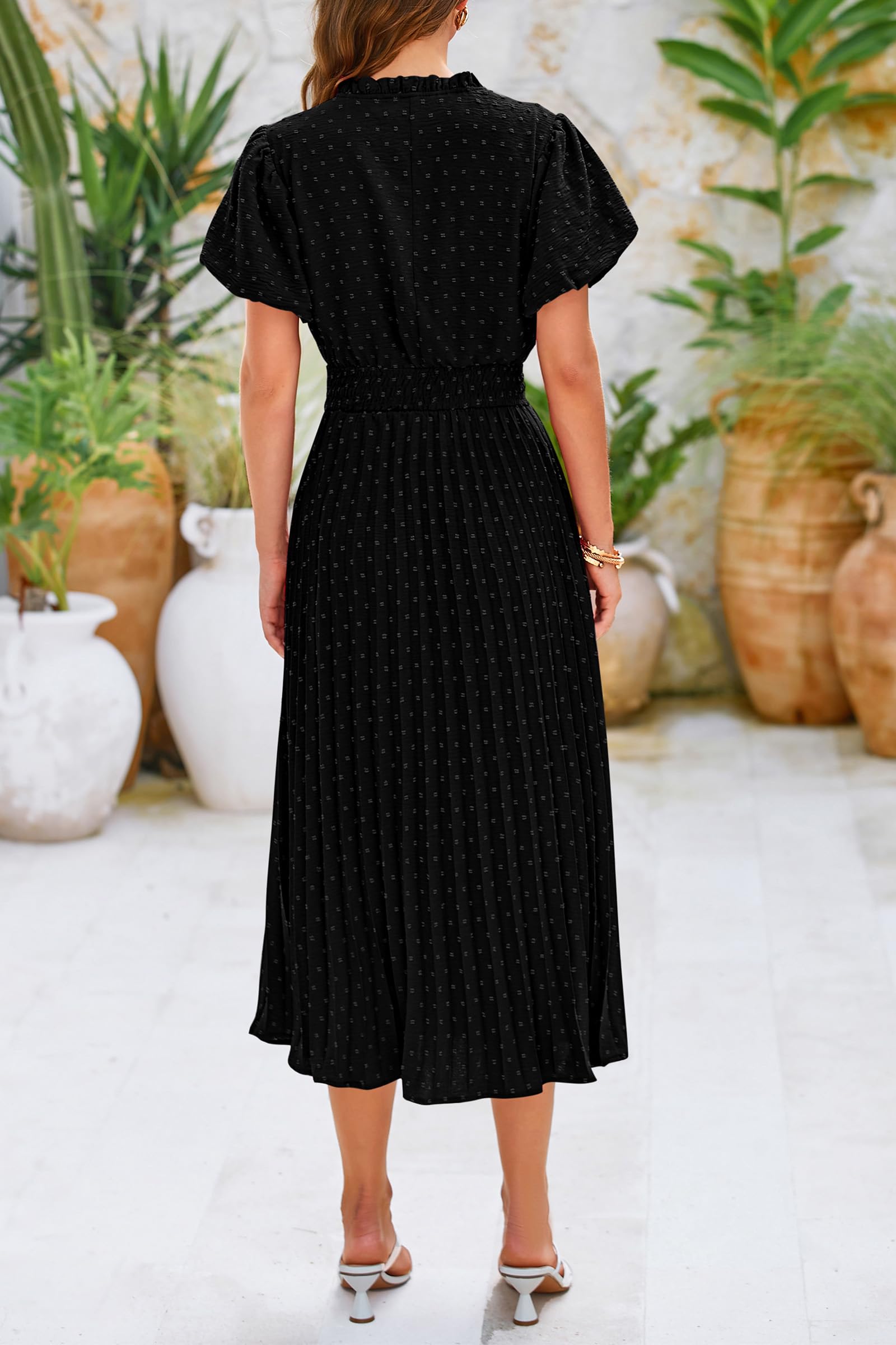 PRETTYGARDEN Womens Summer Midi Dresses Puff Short Sleeve V Neck Swiss Dot Pleated A Line Flowy Long Wedding Guest Dress