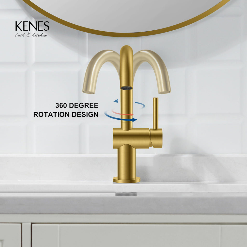 KENES Black and Gold Single Handle Bathroom Sink Faucet, Modern Prep Wet Bar Sink Faucet with Drain Assembly & Deck Plate, Vanity Faucets for Farmhouse RV Camper Utility, KE-9005B-BG
