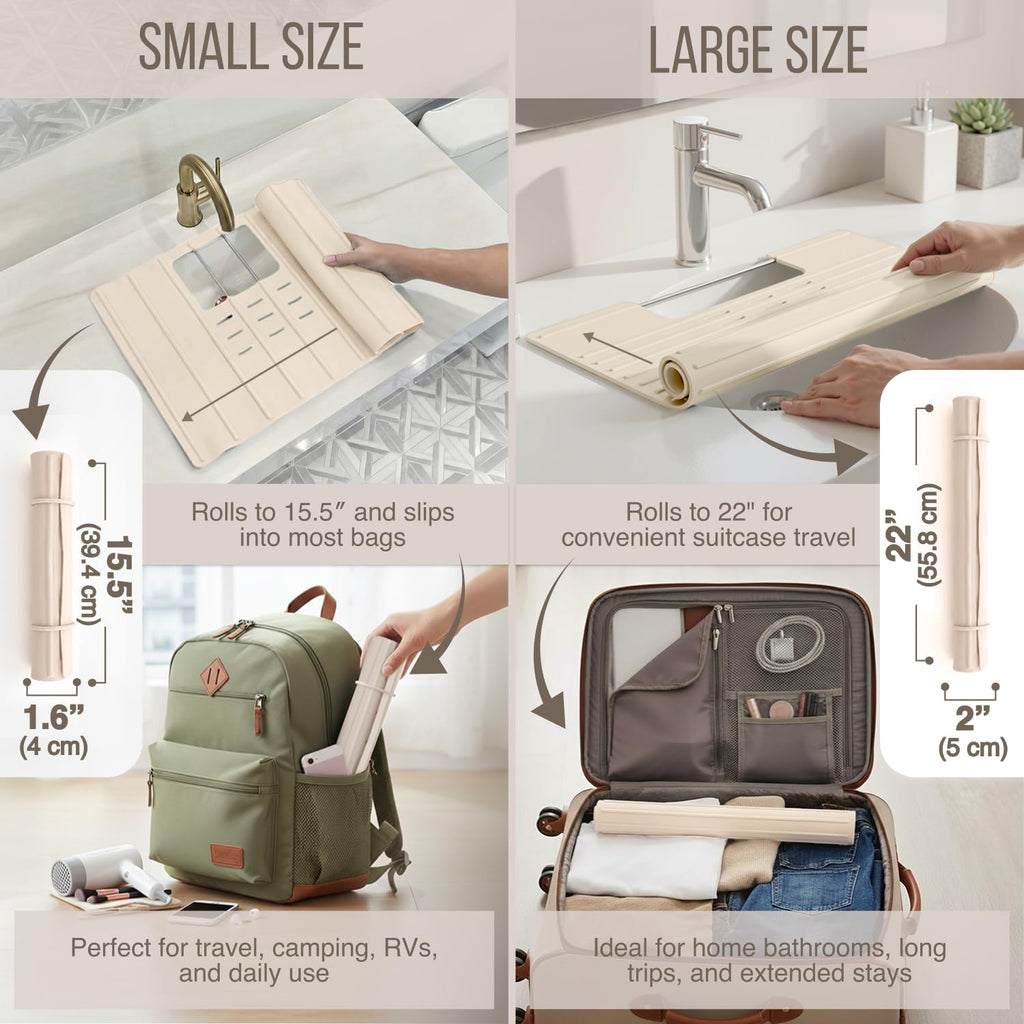 Maplefield Bathroom Sink Cover for Counter Space, Heat Resistant Silicone Sink Mat for Your Beauty Routine, Small Bathroom Space Saver Sink Cover for Makeup (Beige Large, 22" x 15" x 2" Inches)