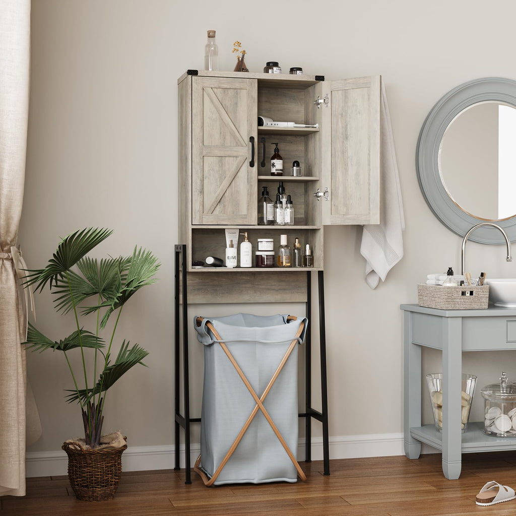 Vabches Over The Toilet Storage Cabinet with 2-Door Design Bathroom Organizers and Storage with Anti-Tip Device Over Toilet Organizer with Shelves for Bathroom,Restroom,Laundry Black