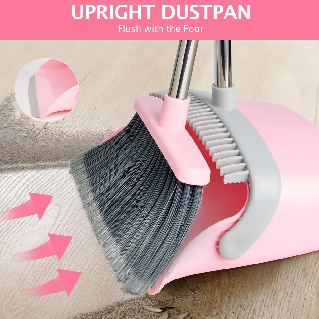 Broom and Dustpan Set with Long Handle, Heavy Dust Broom and Dustpan Combo for Home，Kitchen, Office, Pet Hair(Beige)