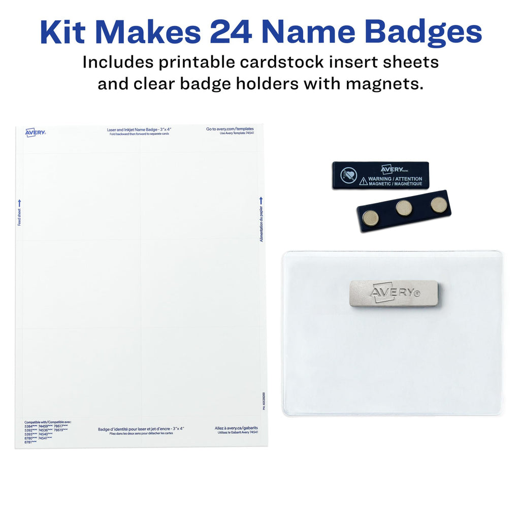 Avery Customizable Name Badges, Magnet Style, 3" x 4", Clear Name Tag Holders, White Laser/Inkjet Printable Inserts, 24 Total (8780)