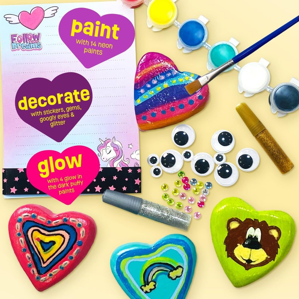 Hearts Rock Painting Kit for Kids Girls - Glow in Dark Art Supplies Ages 4-12 - Complete STEM Craft Set with Puffy Paint Stickers Gems Paints - Educational Birthday Easter Gifts Art Toys for Girl