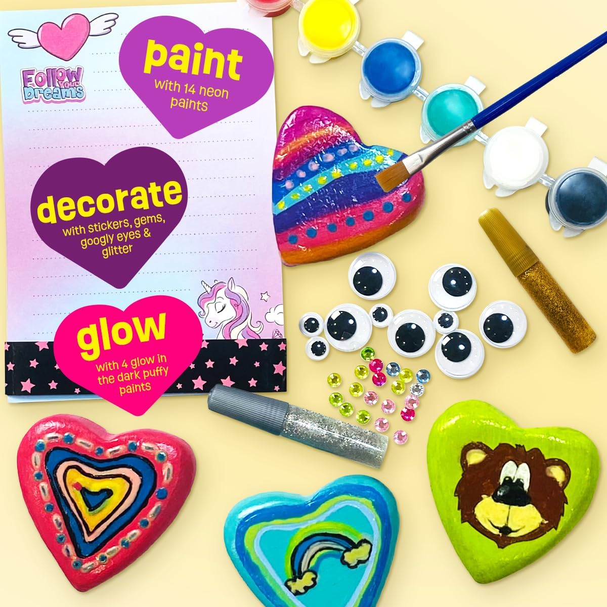 Hearts Rock Painting Kit for Kids Girls - Glow in Dark Art Supplies Ages 4-12 - Complete STEM Craft Set with Puffy Paint Stickers Gems Paints - Educational Birthday Easter Gifts Art Toys for Girl