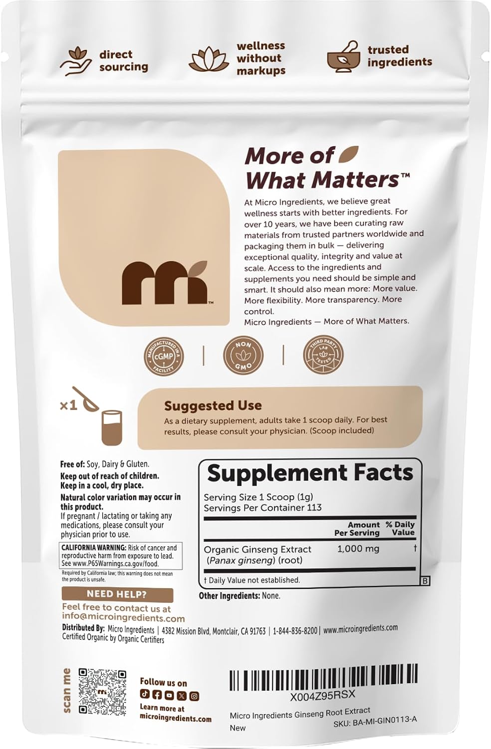 Micro Ingredients Organic Korean Ginseng Root Powder, 4 Ounce | Red Panax Ginseng Root | Traditional Asian Herb | Non-GMO & Vegan Friendly