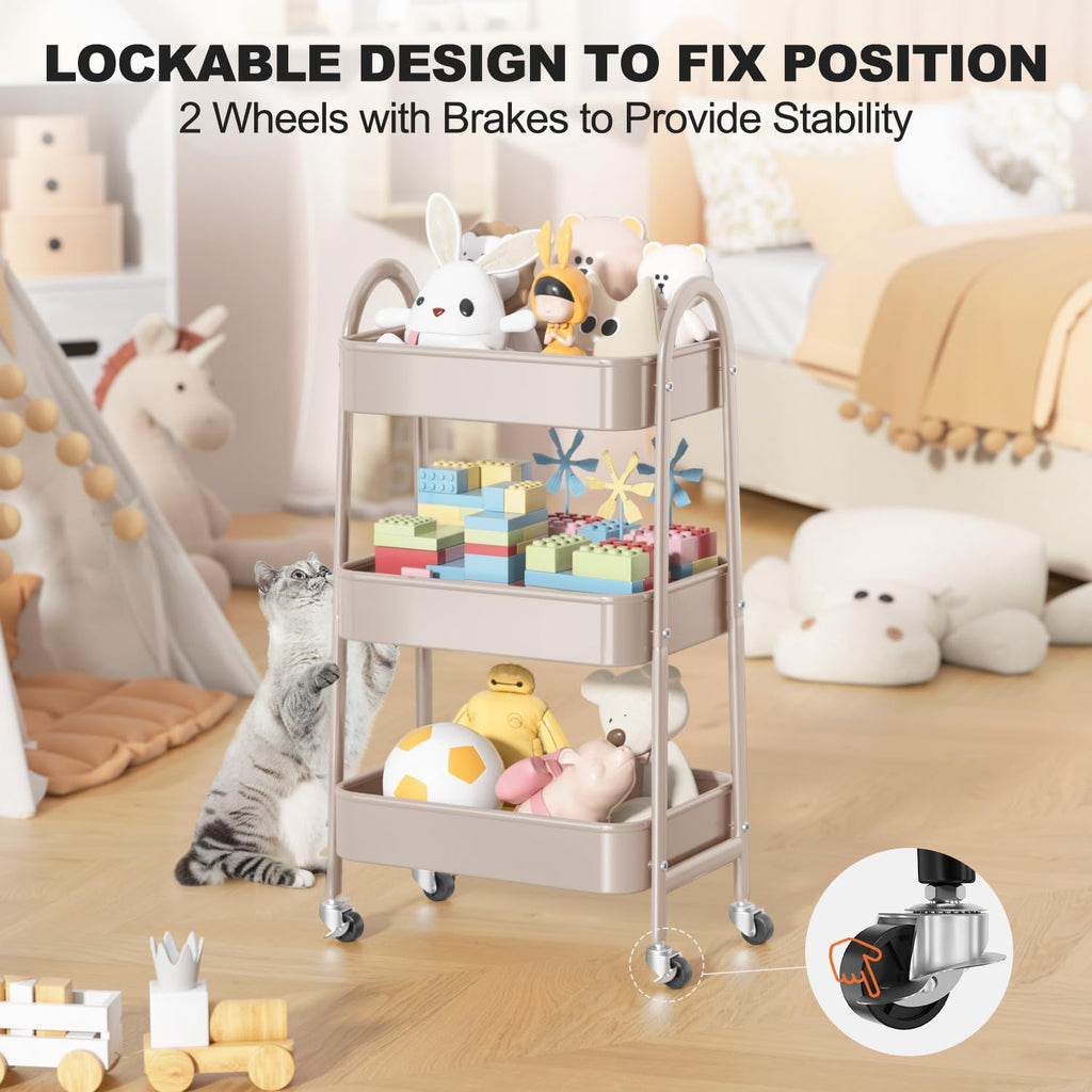 EAGMAK 3 Tier Rolling Cart, Large Metal Storage Cart with Handle and Lockable Wheels, Big Multifunctional Storage Organizer Trolley with Mesh Baskets for Kitchen, Living Room, Office, Garage (Beige)