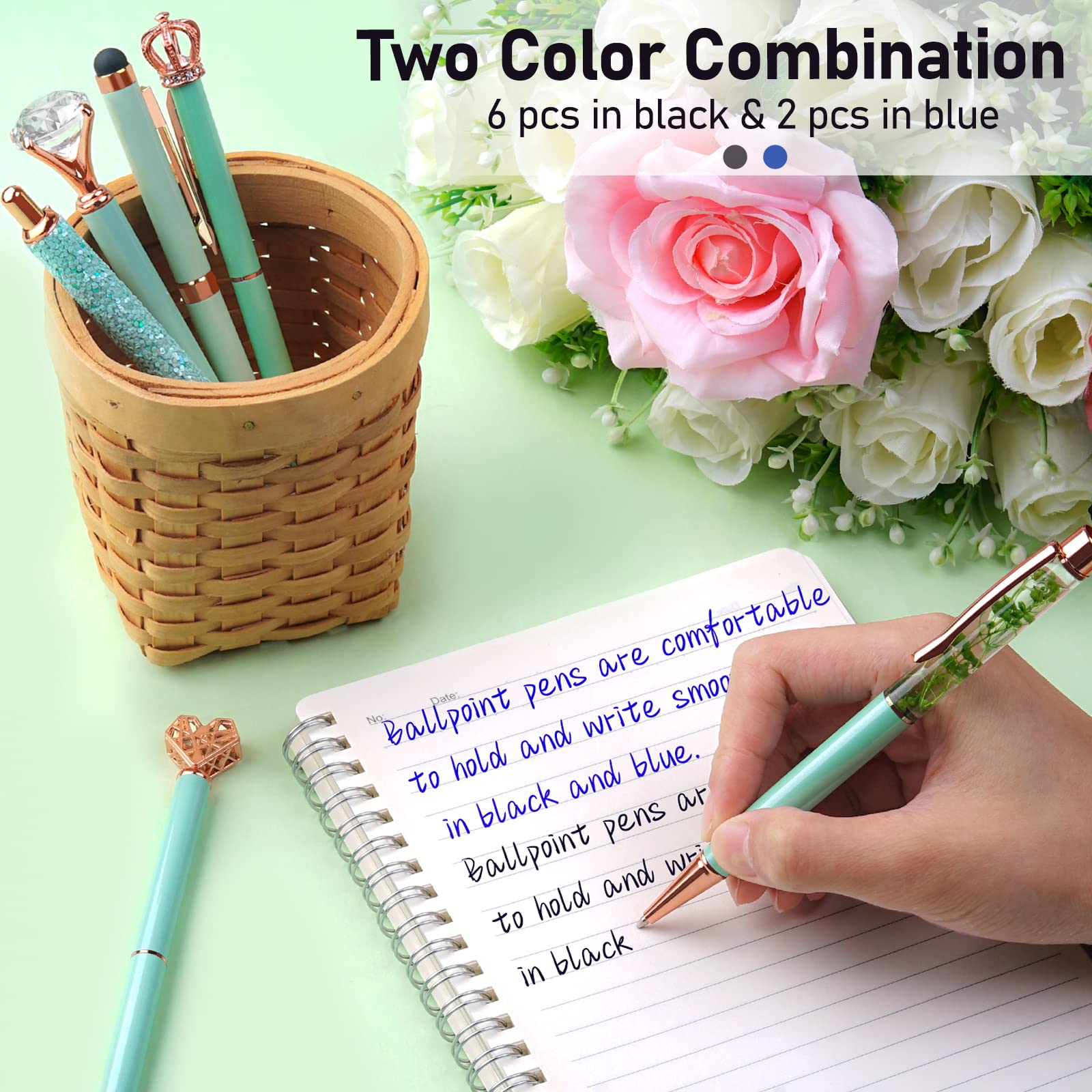 WEMATE 8Pcs Ballpoint Pens Set Metal Crystal Diamond Pen Glitter for Journaling Black Pen Bling in Black & Blue Ink Pretty Cute Pens Fancy Pens Gifts for Women Wedding School Office Desk(Black)