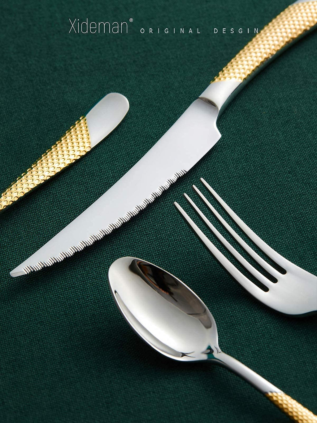 16-Piece Modern Black Hammered Silverware Set with Ultra Sharp 2-IN-1 Serrated Knives, 18/10 Stainless Steel Flatware Set, Titanium Plated Cutlery Set Service for 4, Dishwasher Safe