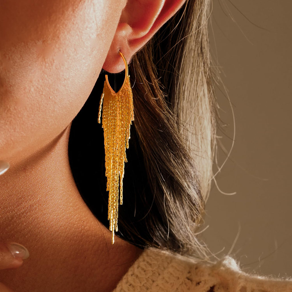 Gold Earrings for Women, 14K Gold Plated Tassel Dangle Earrings for Women Trendy Hypoallergenic Long Chain Earring Dainty Pearl Drop Earrings Elegant Wedding Earring Fashion Jewelry for Womens