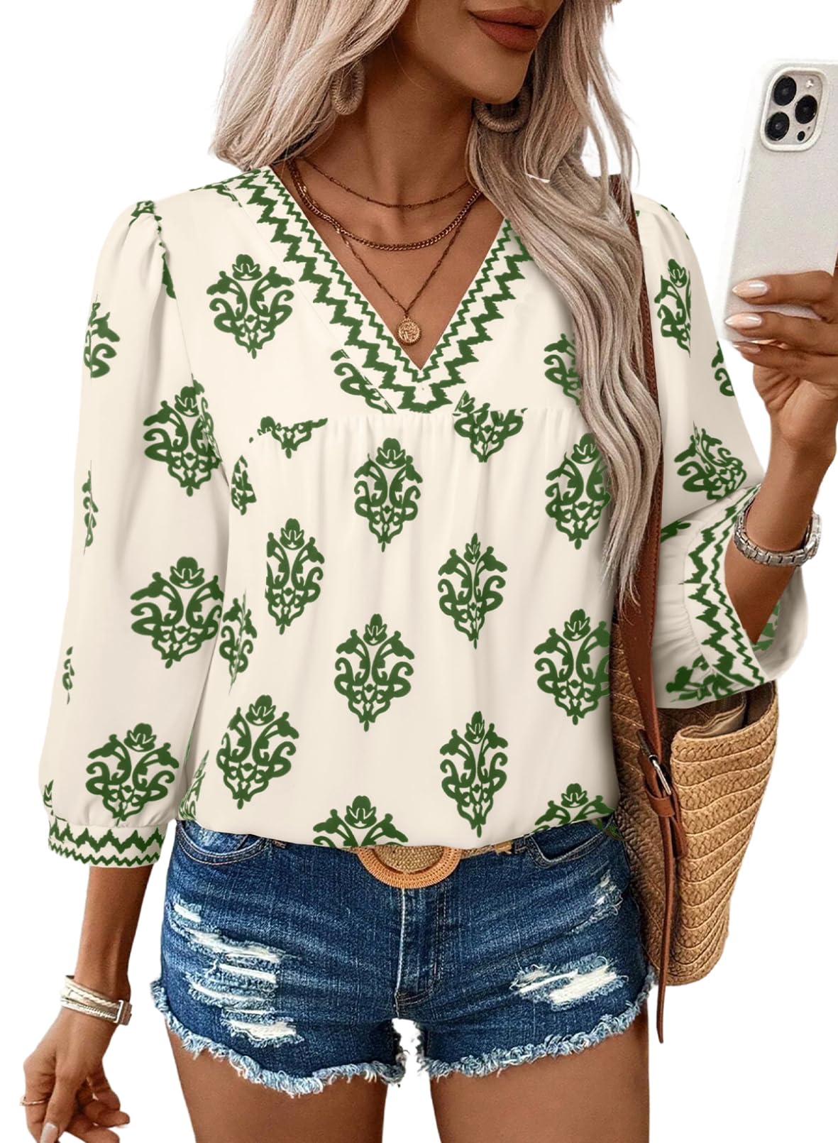 SHEWIN Women's Casual V Neck Floral Print Chiffon Blouses 3/4 Sleeve Boho Summer Tops Shirts