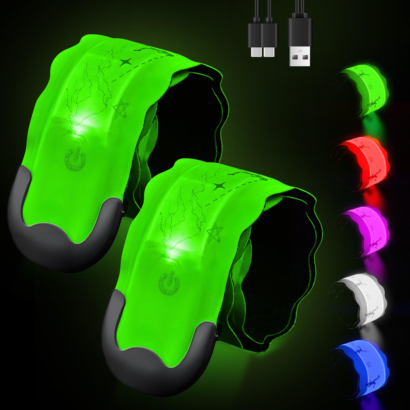 Fitense Rechargeable LED Armband 2-Pack, High Visibility Running Gear for Night Safety, 5 Colors & 3 Modes Light Up Wristbands for Night Walking, Cycling, Running Gift for Women Men Kids，White