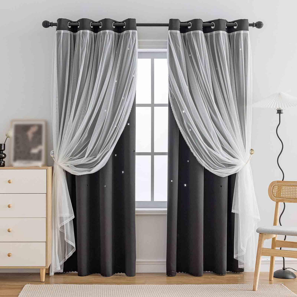 Anytime Star Cut-Out Blackout Curtains for Bedroom 2 Panels,2-Layers Mix Design of Fabric & Tulle,Pretty Pure Color Window Curtain for Kids Room(W35 x L45,LPink)