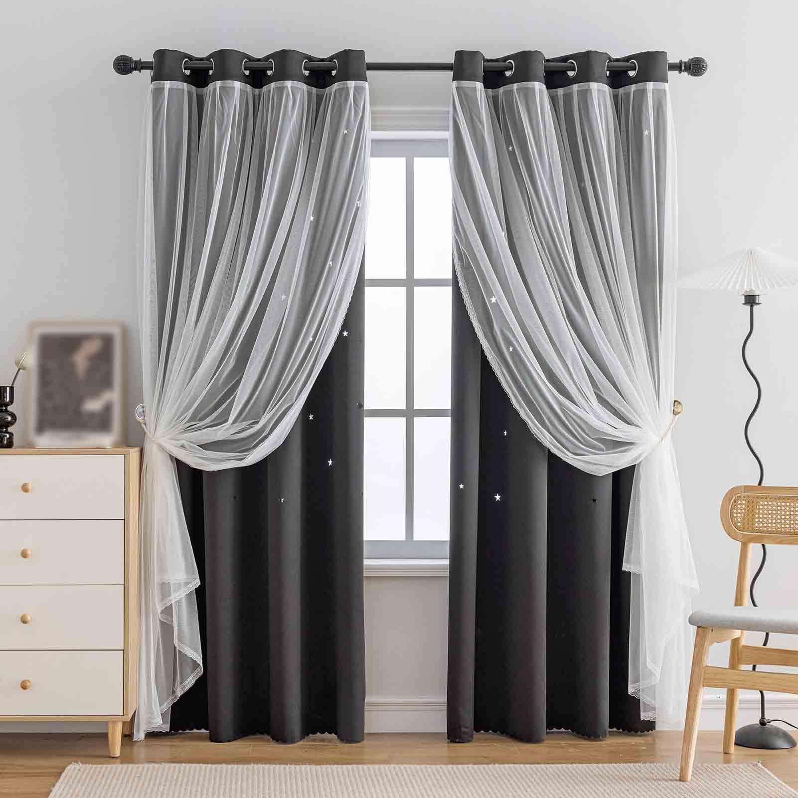 Anytime Star Cut-Out Blackout Curtains for Bedroom 2 Panels,2-Layers Mix Design of Fabric & Tulle,Pretty Pure Color Window Curtain for Kids Room(W35 x L45,LPink)