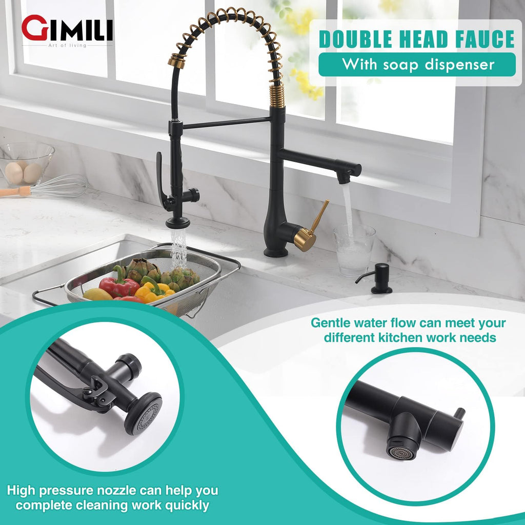 GIMILI Black and Gold Kitchen Faucet with Pull Down Sprayer Single Handle High Pressure Kitchen Sink Faucet Commercial Double-Headed Stainless Steel Kitchen Faucets