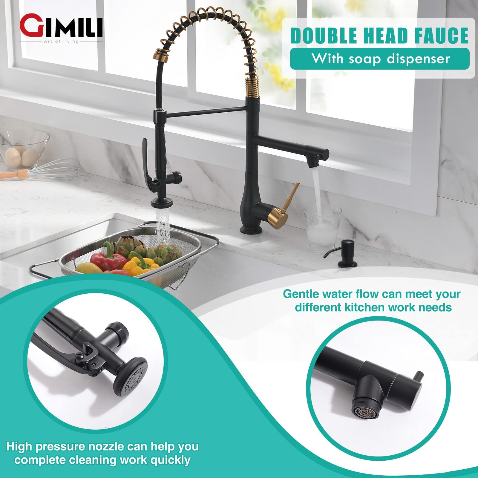 GIMILI Black and Gold Kitchen Faucet with Pull Down Sprayer Single Handle High Pressure Kitchen Sink Faucet Commercial Double-Headed Stainless Steel Kitchen Faucets