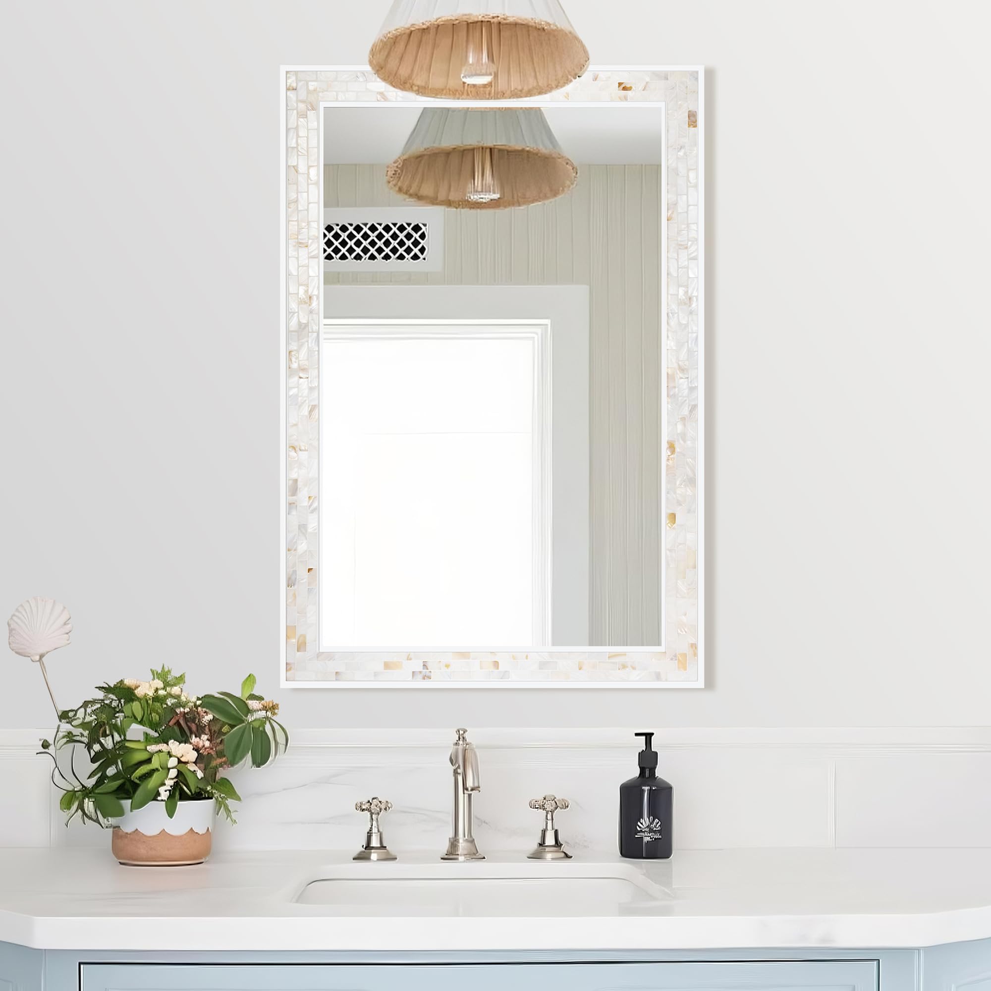 Tanmicoshomy Round Wall Mirror 24 Inch,Circle Mosaic Mirror with Natural Mother of Pearl and Wood Frame, Decorative Coastal Round Wall Mirror for Bathroom Bedroom Living Room Entryway