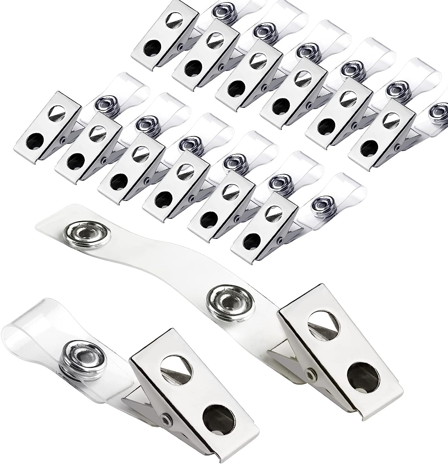30Pcs Metal Badge Clips with Clear PVC Straps, Premium Double Hole Metal Badge Clips for ID Cards, Badge Holders, Name Tags Work Badges