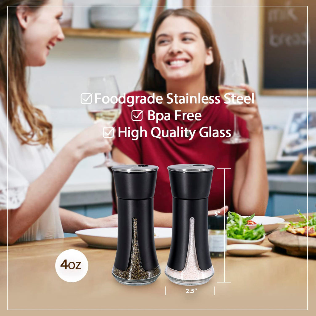 Black Salt and Pepper Shakers by Aelga, Salt Shaker with Adjustable Pour Holes, Black Kitchen Accessories, Decor for Kitchen,Restaurants,Camp,BBQ