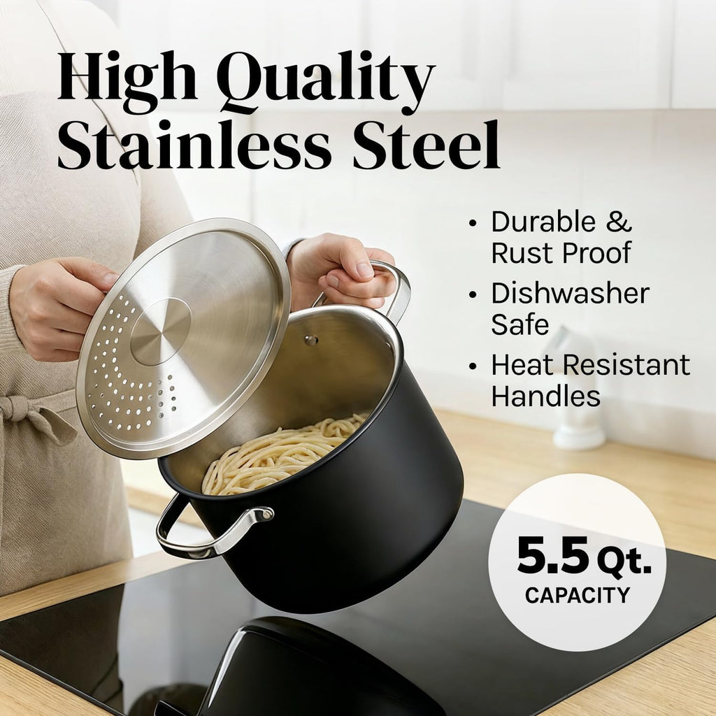 Cooler Concepts Pasta Pot with Strainer Lid - 5.5 Quart Large Spaghetti Pot - Twist & Lock for Easy Drain & No Colander Or Strainer Basket Insert Needed - Dishwasher Safe Pots