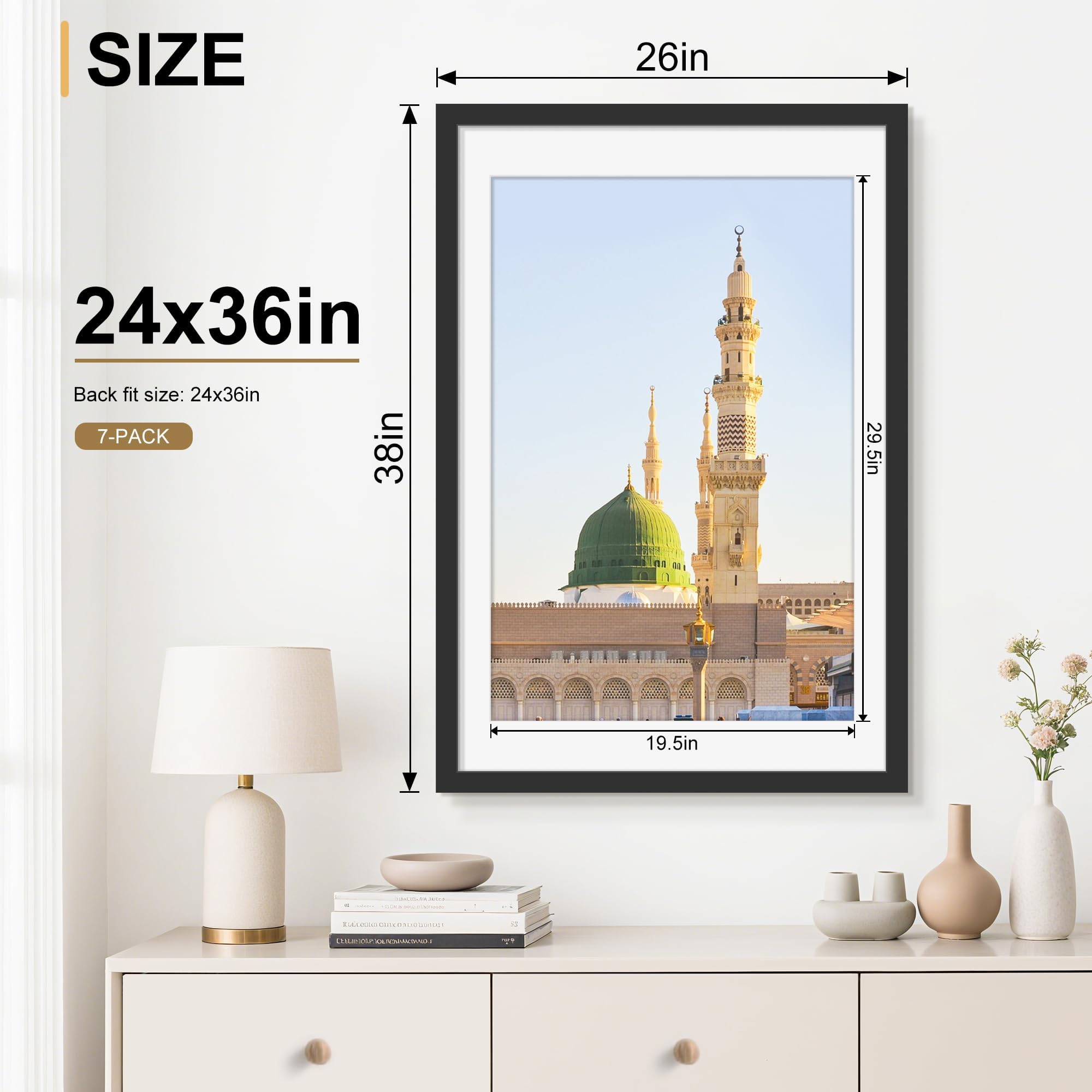 Picrit 24x34 Black Poster Frame 7 Pack, Display Pictures 20x30 Picture with Mat or 24 x 34 without Mat for Horizontal or Vertical Wall Mounting, Wall Gallery Photo Frames