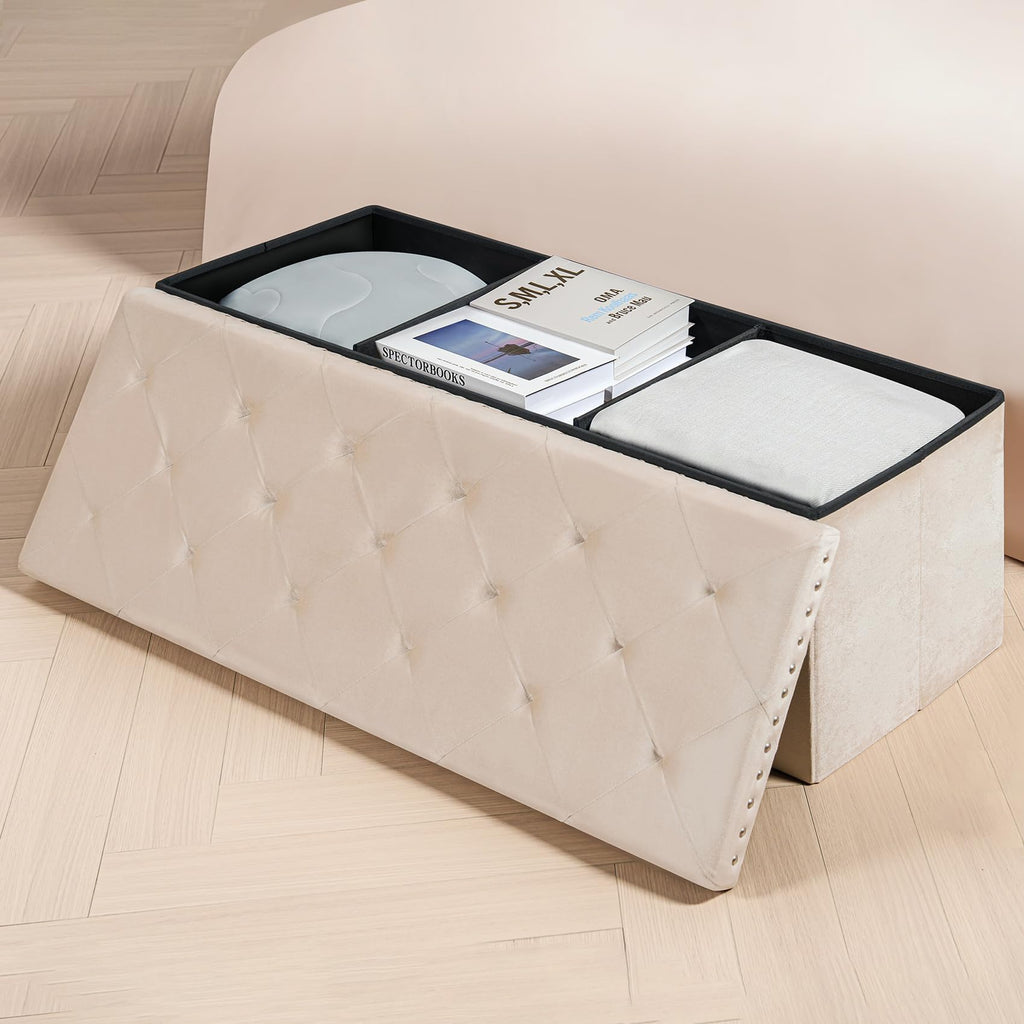 PINPLUS Folding Storage Ottoman Bench, Folding Velvet Tuffed Foot Rest Stool with Rivet, End of Bed Bench Large Long Shoes Chest for Bedroom Entryway Living Room, Beige, 41.3 Inches