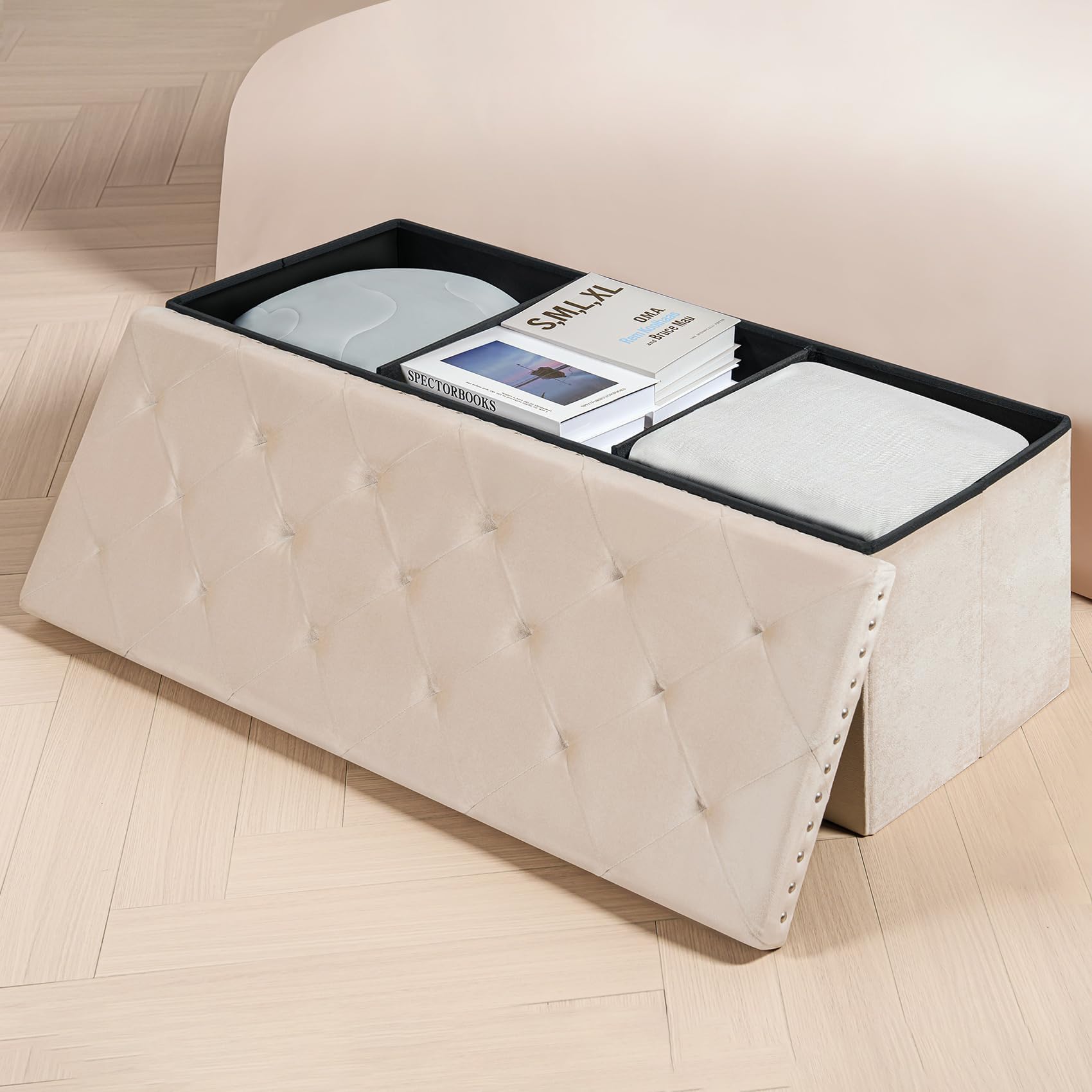 PINPLUS Folding Storage Ottoman Bench, Folding Velvet Tuffed Foot Rest Stool with Rivet, End of Bed Bench Large Long Shoes Chest for Bedroom Entryway Living Room, Beige, 41.3 Inches