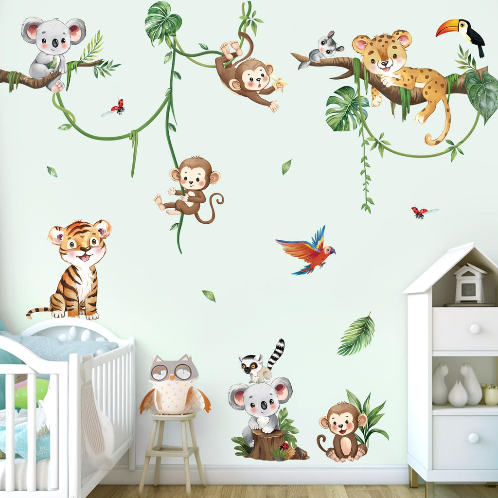 decalmile Jungle Animals Safari Wall Decals Lion Monkey Koala Wall Stickers Baby Nursery Kids Room Toddler Room Wall Decor