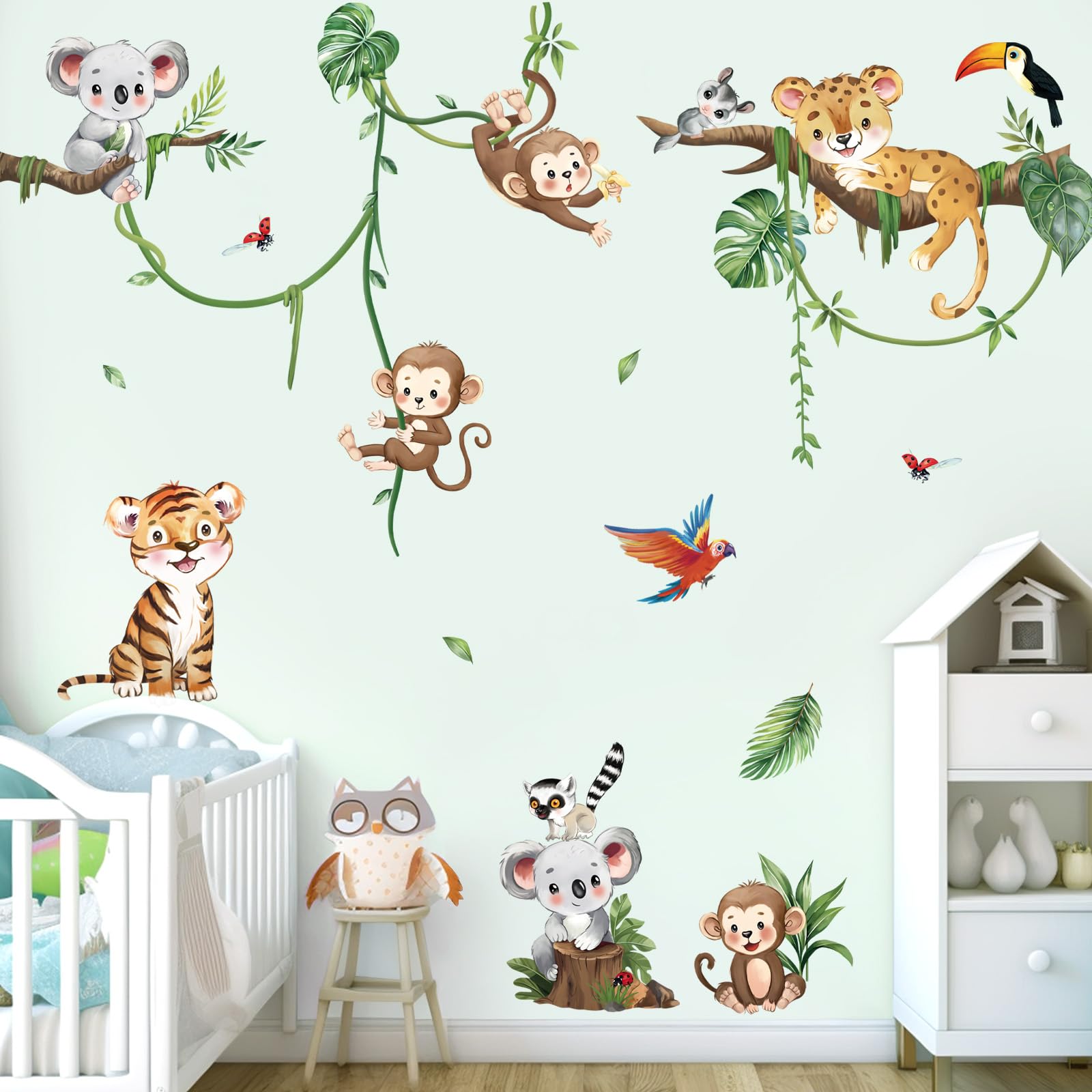 decalmile Jungle Animals Safari Wall Decals Lion Monkey Koala Wall Stickers Baby Nursery Kids Room Toddler Room Wall Decor